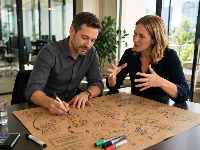 Twee mensen schetsen samen op een groot vel papier